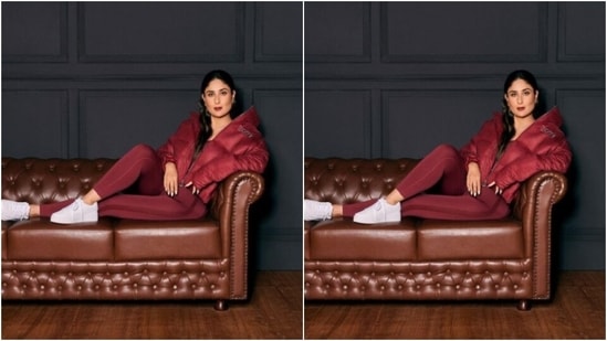 In a maroon sports bra, a pair of maroon tights and a maroon puffer jacket, Kareena posed on a couch and looked every bit ravishing. (Instagram/@kareenakapoorkhan)