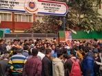 New Delhi: People gathered outside the Sultanpuri police station demanding stern punishment for men accused in Sultanpuri road accident, in New Delhi, Monday, Jan. 2, 2023. New Delhi: People gathered outside the Sultanpuri police station demanding stern punishment for men accused in Sultanpuri road accident, in New Delhi, Monday, Jan. 2, 2023.