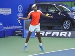 Manas Dhamne in action during a singles opening round match against Michael Mmoh at the 5th Tata Open Maharashtra, in Pune Manas Dhamne in action during a singles opening round match against Michael Mmoh at the 5th Tata Open Maharashtra, in Pune