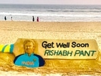 Rishabh Pant's sand art made by Sudarsan Pattnaik at Odisha's Puri beach. Rishabh Pant's sand art made by Sudarsan Pattnaik at Odisha's Puri beach.