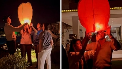Saba Azad and Hrithik Roshan releasing a floating lantern with family members..