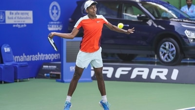 Manas Dhamne in action during a singles opening round match against Michael Mmoh at the 5th Tata Open Maharashtra, in Pune (PTI)