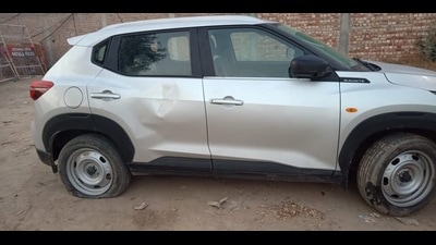 The damaged car of the Malbros International Private Limited workers. (HT Photo) The damaged car of the Malbros International Private Limited workers. (HT Photo)