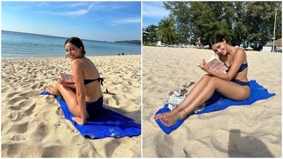 Ananya also shared pictures of her day outing on the gorgeous beaches of Phuket. The clicks show the star relaxing in a dark blue bikini set featuring a strapless top with a sweetheart neckline, gathered design and knot closure on the back. Dainty earrings, a no-makeup look, and a centre-parted sleek bun rounded off her glam. (Instagram) Ananya also shared pictures of her day outing on the gorgeous beaches of Phuket. The clicks show the star relaxing in a dark blue bikini set featuring a strapless top with a sweetheart neckline, gathered design and knot closure on the back. Dainty earrings, a no-makeup look, and a centre-parted sleek bun rounded off her glam. (Instagram)