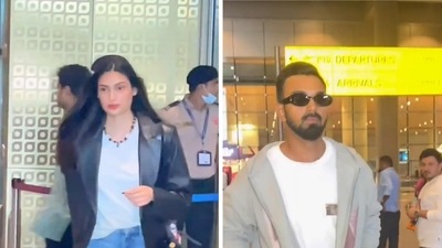 Athiya Shetty and KL Rahul at Mumbai Airport on Sunday Athiya Shetty and KL Rahul at Mumbai Airport on Sunday