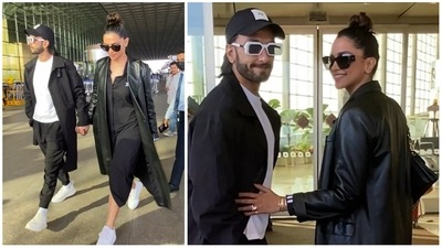 Ranveer Singh and Deepika Padukone at Mumbai airport on Monday. (Varinder Chawla) Ranveer Singh and Deepika Padukone at Mumbai airport on Monday. (Varinder Chawla)