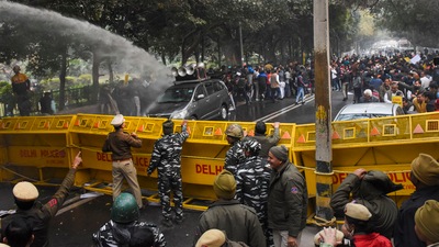 New Delhi: Police use water cannons to disperse the AAP supporters during a protest over Sultanpuri incident, outside Delhi L-G Vinay Saxena's residence, in New Delhi, Monday. (PTI) New Delhi: Police use water cannons to disperse the AAP supporters during a protest over Sultanpuri incident, outside Delhi L-G Vinay Saxena's residence, in New Delhi, Monday. (PTI)