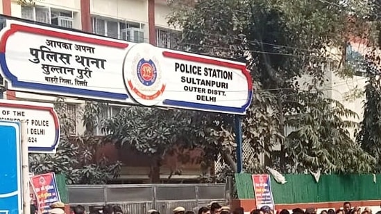 New Delhi, Jan 02 (ANI): People gather to protest outside Sultanpuri Police station over the death of a woman who died after being dragged for a few kilometers by a car that hit her in Sultanpuri area on January 01, in New Delhi on Monday. (ANI Photo)