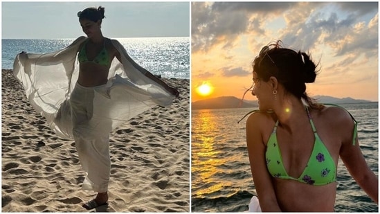 Ananya Panday enjoyed her day at the beach dressed in a green floral printed bikini top and white cotton co-ord set featuring an open front long jacket and high-waisted flared pants set. She styled the beach-ready ensemble with gold earrings, tinted sunglasses and slip-on sandals. (Instagram)