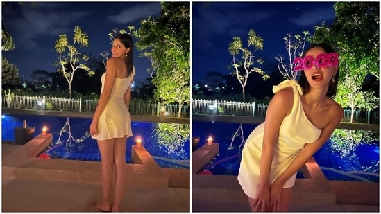 Ananya's pearl white silk-satin outfit features a one-shoulder neckline, tie detail on the shoulder, a frilled mini-length hem, and a figure-hugging silhouette. (Instagram)