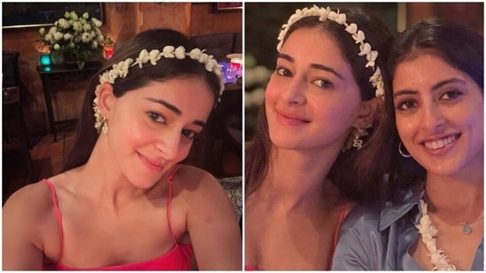 For a dinner date with Navya Nanda, Ananya slipped into a pink printed backless slip dress. The BFFs clicked pretty pictures wearing a floral headdress and a necklace.&nbsp;(Instagram)