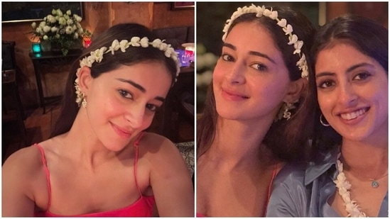 For a dinner date with Navya Nanda, Ananya slipped into a pink printed backless slip dress. The BFFs clicked pretty pictures wearing a floral headdress and a necklace. (Instagram)