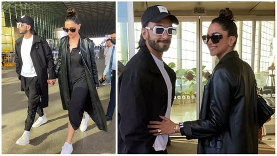 Ranveer Singh and Deepika Padukone at Mumbai airport on Monday. (Varinder Chawla)