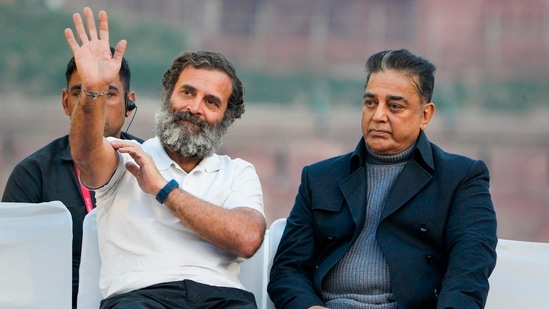 Congress leader Rahul Gandhi with Makkal Needhi Maiam (MNM) leader Kamal Haasan during the Bharat Jodo Yatra, near Red Fort in New Delhi, Saturday, December 24, 2022. (PTI Photo/Ravi Choudhary)