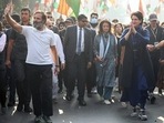 Congress General Secretary Priyanka Gandhi Vadra with party leader Rahul Gandhi greets the supporters as she joins the party's Bharat Jodo Yatra on Tuesday.(Congress Twitter) Congress General Secretary Priyanka Gandhi Vadra with party leader Rahul Gandhi greets the supporters as she joins the party's Bharat Jodo Yatra on Tuesday.(Congress Twitter)