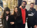 Aaradhya Bachchan, Aishwarya Rai, and Abhishek Bachchan pose with fan in New York.