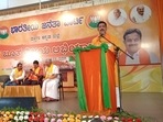 Karnataka BJP president Nalin Kumar Kateel at the ‘Booth Vijaya Abhiyana’ event in Mangaluru on Monday.(Twitter) Karnataka BJP president Nalin Kumar Kateel at the ‘Booth Vijaya Abhiyana’ event in Mangaluru on Monday.(Twitter)