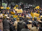 New Delhi: Aam Aadmi Party (AAP) supporters protest against Sultanpuri incident, outside Delhi L-G Vinay Saxena's residence, in New Delhi, Monday, Jan. 2, 2023.(PTI) New Delhi: Aam Aadmi Party (AAP) supporters protest against Sultanpuri incident, outside Delhi L-G Vinay Saxena's residence, in New Delhi, Monday, Jan. 2, 2023.(PTI)