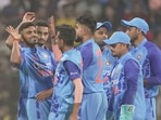 Mumbai: Indian players Shivam Mavi celebrates with teammates the wicket of Sri Lankan player Pathum Nissanka (PTI) Mumbai: Indian players Shivam Mavi celebrates with teammates the wicket of Sri Lankan player Pathum Nissanka (PTI)