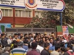 People gathered outside the Sultanpuri police station demanding strict punishment for accused in Sultanpuri accident case. (PTI)(HT_PRINT) People gathered outside the Sultanpuri police station demanding strict punishment for accused in Sultanpuri accident case. (PTI)(HT_PRINT)