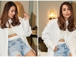 Malaika Arora serves the hottest way to style oversized white shirt with bralette, shorts. (Instagram) Malaika Arora serves the hottest way to style oversized white shirt with bralette, shorts. (Instagram)