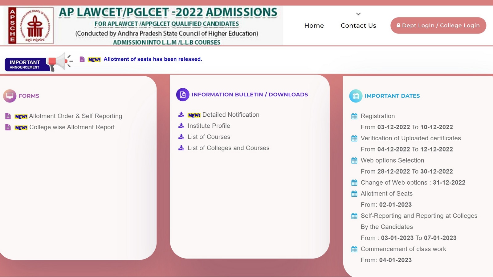 AP LAWCET, PGLCET 2022 Seat Allotment result out at lawcetsche