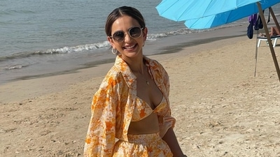Rakul Preet picked her outfit from the label The IASO. The skirt and bralette cost <span class='webrupee'>₹</span>14,999 while the jacket is worth <span class='webrupee'>₹</span>9,999. (Instagram/@rakulpreet) Rakul Preet picked her outfit from the label The IASO. The skirt and bralette cost <span class='webrupee'>₹</span>14,999 while the jacket is worth <span class='webrupee'>₹</span>9,999. (Instagram/@rakulpreet)