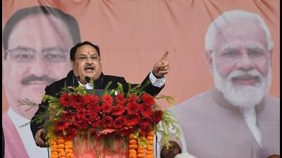 BJP national president J.P. Nadda addresses a gathering in Vaishali on Tuesday. (Santosh Kumar/HT Photo)