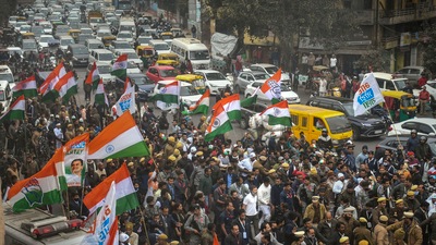 Traffic chaos on the Outer Ring Road near the Marghat Hanuman Mandir during Congress party's Bharat Jodo Yatra. (PTI) Traffic chaos on the Outer Ring Road near the Marghat Hanuman Mandir during Congress party's Bharat Jodo Yatra. (PTI)
