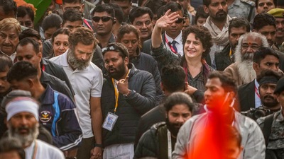 The yatra started from the Hanuman Mandir at Kashmiri Gate on Tuesday morning and entered Uttar Pradesh. (PTI) The yatra started from the Hanuman Mandir at Kashmiri Gate on Tuesday morning and entered Uttar Pradesh. (PTI)