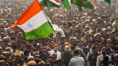 Congress leader Rahul Gandhi-led 'Bharat Jodo Yatra' resumed its second leg of the journey from Delhi to Uttar Pradesh after a nine-day year-end break on Tuesday. The national capital witnessed snarls in several places on Tuesday as the Yatra progressed towards Uttar Pradesh with hundreds of supporters in tow. (PTI) Congress leader Rahul Gandhi-led 'Bharat Jodo Yatra' resumed its second leg of the journey from Delhi to Uttar Pradesh after a nine-day year-end break on Tuesday. The national capital witnessed snarls in several places on Tuesday as the Yatra progressed towards Uttar Pradesh with hundreds of supporters in tow. (PTI)