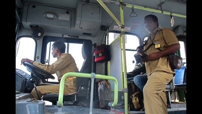 Pune, India - Jan. 3, 2023: PMPML driver and conductor (Dheeraj Bengrut story) in Pune, India, on Tuesday, January 3, 2023. (RAVINDRA JOSHI/ HT PHOTO) Pune, India - Jan. 3, 2023: PMPML driver and conductor (Dheeraj Bengrut story) in Pune, India, on Tuesday, January 3, 2023. (RAVINDRA JOSHI/ HT PHOTO)