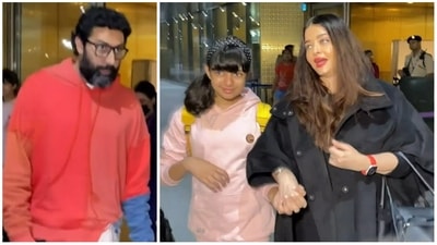 Abhishek Bachchan, Aaradhya and Aishwarya Rai at airport. (Viral Bhayani) Abhishek Bachchan, Aaradhya and Aishwarya Rai at airport. (Viral Bhayani)