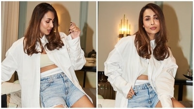 Malaika Arora serves the hottest way to style oversized white shirt with bralette, shorts. (Instagram) Malaika Arora serves the hottest way to style oversized white shirt with bralette, shorts. (Instagram)