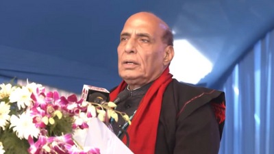Defence minister Rajnath Singh at an event in Arunachal Pradesh' Siang on Tuesday. (Twitter/Rajnath Singh)