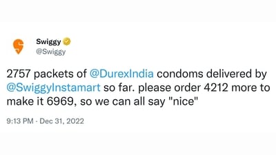 Swiggy shared this tweet on New Year's Eve and it has received witty response from Durex India. (Twitter/@Swiggy) Swiggy shared this tweet on New Year's Eve and it has received witty response from Durex India. (Twitter/@Swiggy)