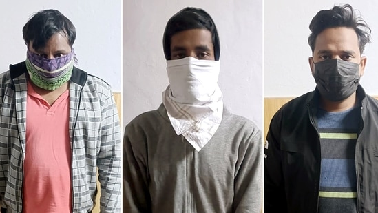 Three of the five accused who have been arrested in the Kanjhawala incident where a 20-year-old woman was killed after her scooty was allegedly hit by a car and later dragged for a few kilometres, in Delhi on Sunday. (ANI)