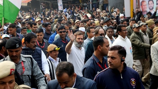 Congress leader Rahul Gandhi waves to the supporters as he leads the party's Bharat Jodo Yatra in Delhi on Tuesday. Party General Secretary in-charge (Organisation) KC Venugopal, Delhi party chief Anil Chaudhary and others were also present.(ANI)