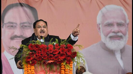 BJP national president J.P. Nadda addresses a gathering in Vaishali on Tuesday. (Santosh Kumar/HT Photo)