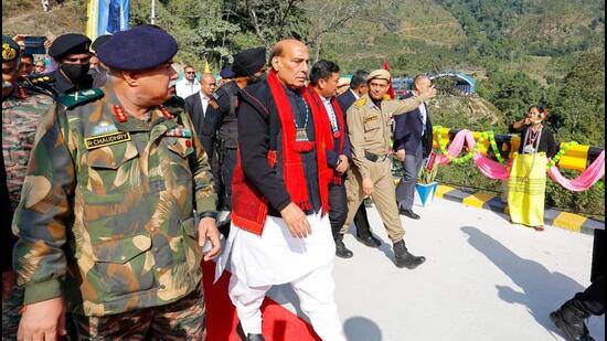 Defence minister Rajnath Singh dedicated 28 infrastructure projects of the Border Roads Organisation to the nation during an event organised at Siyom Bridge in Arunachal Pradesh’s Siang on Tuesday. (Twitter Photo)