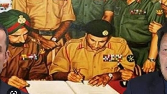 Taliban-Pakistan: The Taliban shared a picture of the country's military surrender to Indian forces in 1971.(Twitter) Taliban-Pakistan: The Taliban shared a picture of the country's military surrender to Indian forces in 1971.(Twitter)