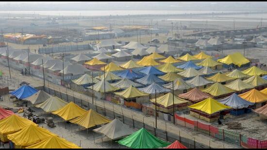 Magh Mela-2023 tent city on the banks of Sangam in Prayagraj . (Anil Kumar Maurya/HT photo)
