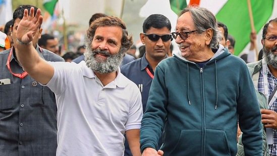 Congress leader Rahul Gandhi with former Research and Analysis Wing (RAW) chief A.S. Dulat during the party's 'Bharat Jodo Yatra', in Delhi, on Tuesday. (PTI)