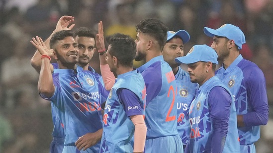 Mumbai: Indian players Shivam Mavi celebrates with teammates the wicket of Sri Lankan player Pathum Nissanka (PTI) Mumbai: Indian players Shivam Mavi celebrates with teammates the wicket of Sri Lankan player Pathum Nissanka (PTI)