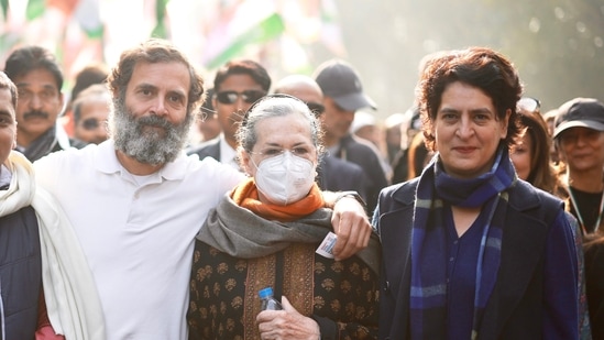 (File) Congress leader Rahul Gandhi with his mother and party leader Sonia Gandhi and his sister and General Secretary Priyanka Gandhi Vadra during the Bharat Jodo Yatra, (PTI) (File) Congress leader Rahul Gandhi with his mother and party leader Sonia Gandhi and his sister and General Secretary Priyanka Gandhi Vadra during the Bharat Jodo Yatra, (PTI)