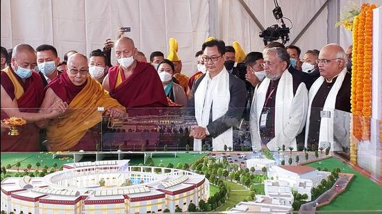 Tibetan Spiritual leader Dalai Lama during the foundation stone laying Ceremony of Dalai Lama Centre for Tibetan & Indian Ancient Wisdom, in Gaya on Tuesday. (ANI)