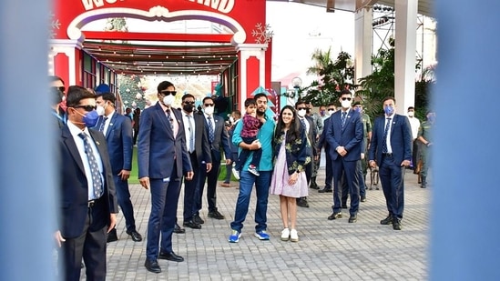 For the occasion, Akash Ambani wore a green shirt which he paired with blue jeans and navy-blue sneakers.&nbsp;(HT Photo/Varinder Chawla)