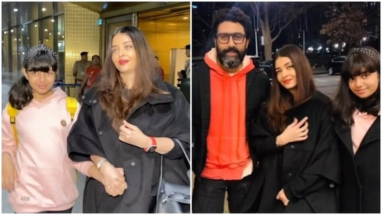 Aishwarya Rai with Aaradhya and Abhishek Bachchan returns from holiday. 