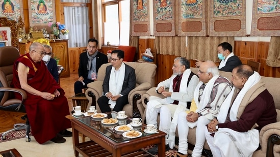 Dalai Lama, Union minister Kiren Rijiju and Rajya Sabha member Sushil Kumar Modi (Left to Right).