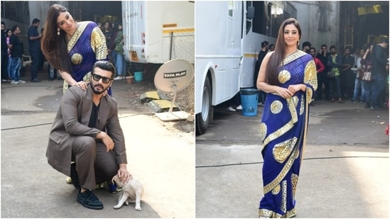 Actors Arjun Kapoor and Tabu promote their upcoming film Kuttey on the sets of the television reality show Indian Idol, on Tuesday.(HT Photos/Varinder Chawla)
